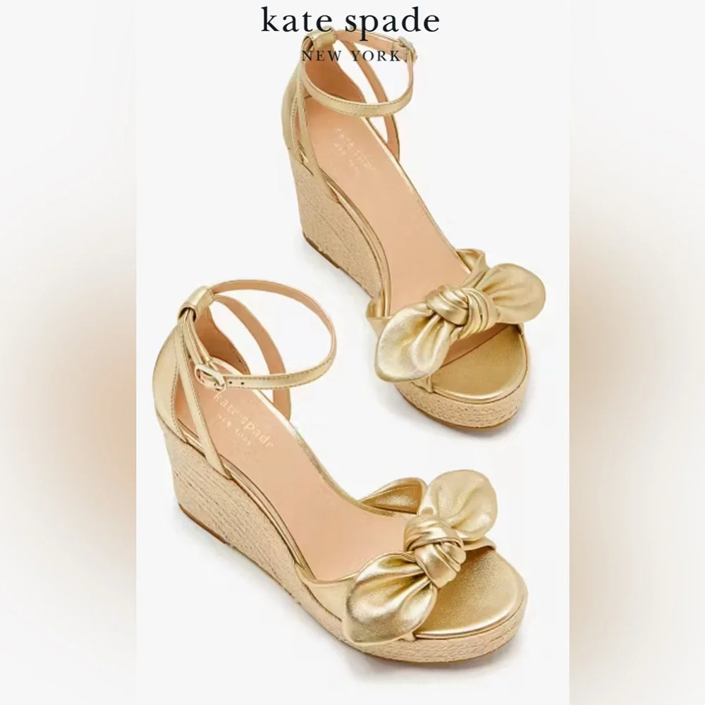 NIB Kate Spade Tianna Espadrille Wedge Gold Metallic Sandals, Size 11